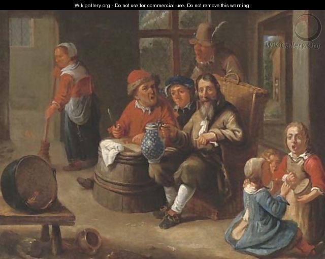 Peasants smoking and drinking with children making music and an old woman in an interior - Adriaen Rombouts