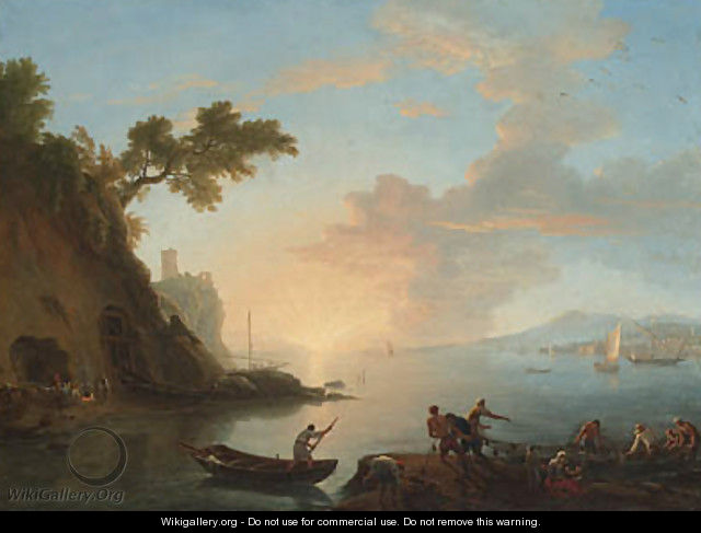 Neapolitan coastal views with a Dutch warship and fishermen in a harbour - Adrien Manglard