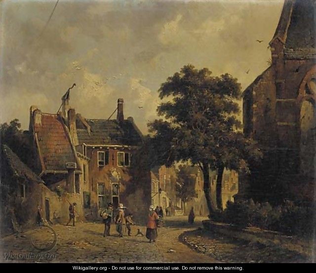 A town in summer with figures conversing - Adrianus Eversen