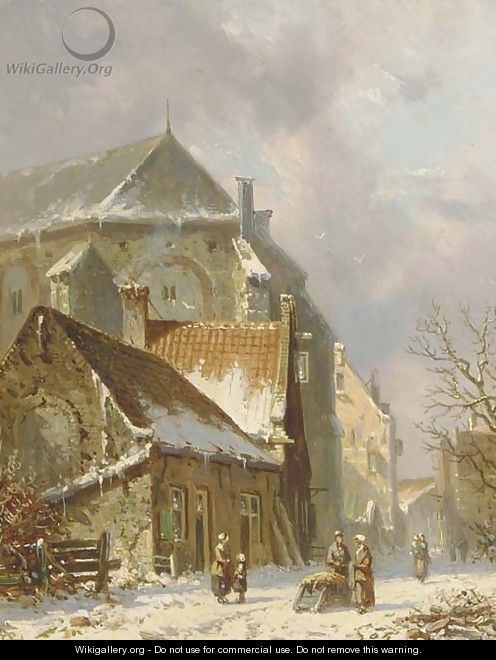Villagers in a snowcovered street - Adrianus Eversen