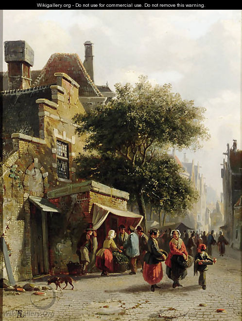 View of a street with busy market - Adrianus Eversen