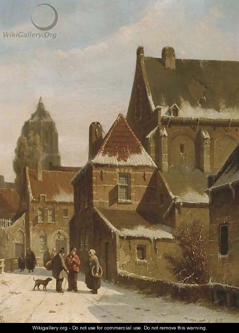 Townspeople conversing in a Dutch town in winter - Adrianus Eversen