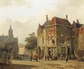 Numerous figures on a sunlit town square - Adrianus Eversen