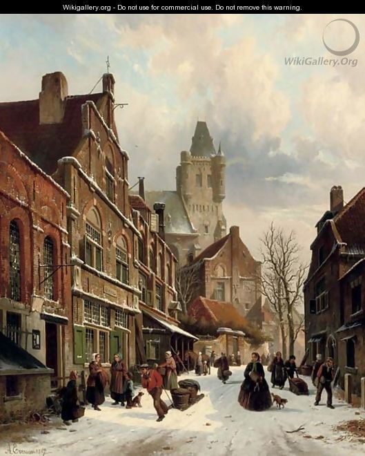 Numerous figures in a Dutch street in winter - Adrianus Eversen