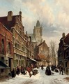 Numerous figures in a Dutch street in winter - Adrianus Eversen