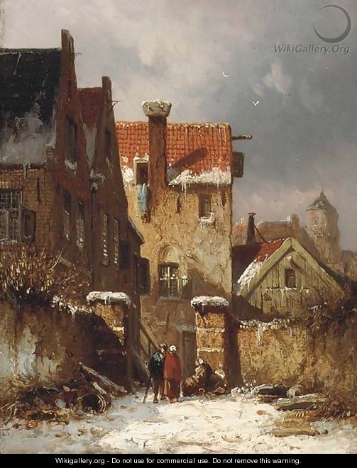 Figures conversing in a Dutch town in winter - Adrianus Eversen