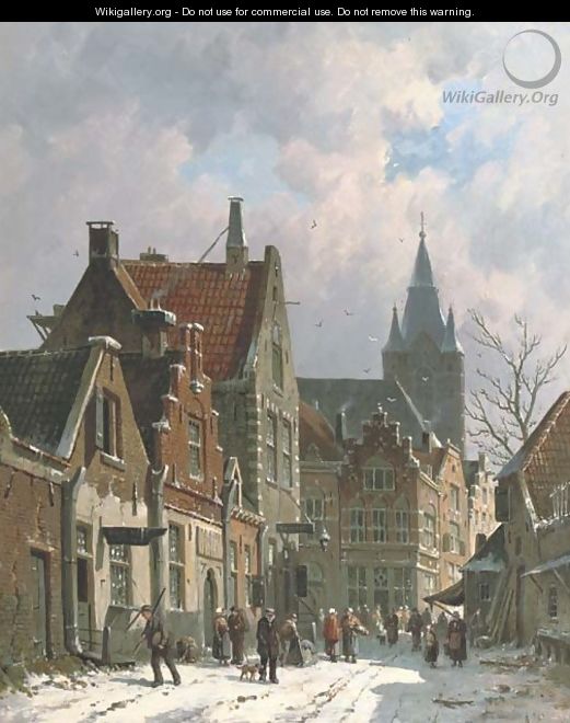 A busy street in Delft in winter - Adrianus Eversen