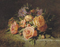 Pink roses and rhododendrons on a marble ledge - Adriana-Johanna Haanen