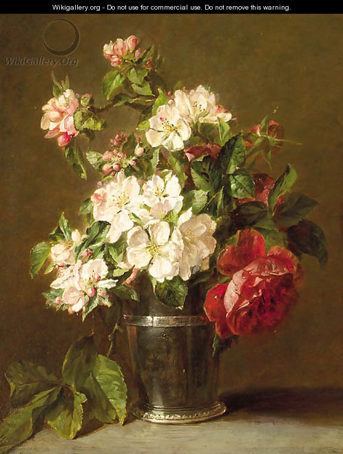 Appleblossom and roses in a silver beaker - Adriana-Johanna Haanen