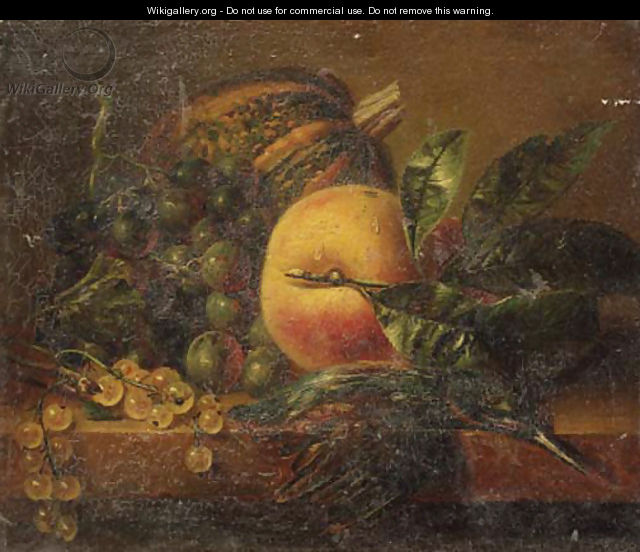 A still life with fruit and a kingfisher on a ledge - Adriana-Johanna Haanen
