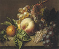 A peach, medlar, grapes and white currants on a ledge - Adriana-Johanna Haanen