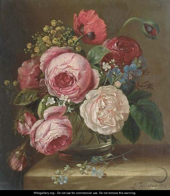 Roses in a glass vase on a ledge - Adriana-Johanna Haanen