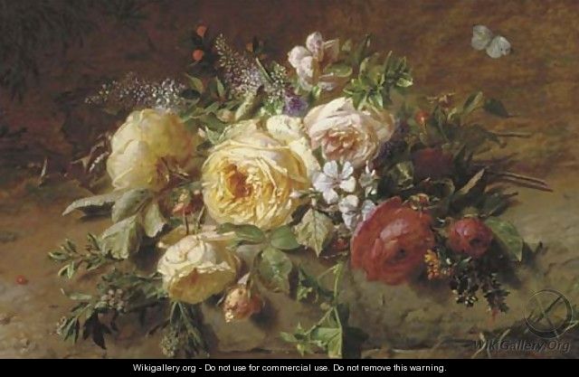A bouquet with roses by a forest stream - Adriana-Johanna Haanen
