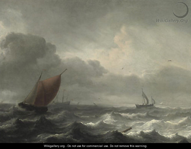 A three-master in choppy waters, a coast beyond - Aernout Smit