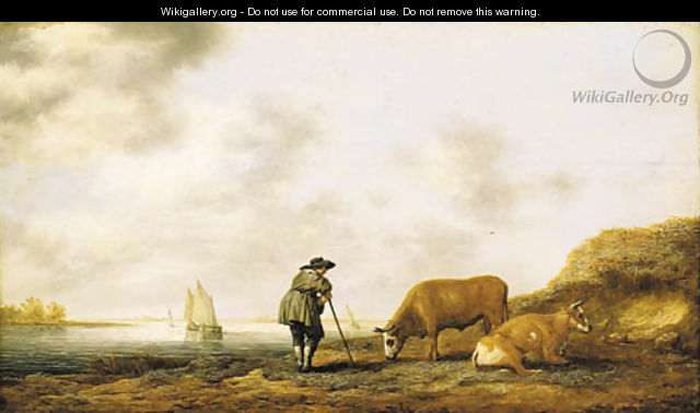 A river landscape with a cowherd resting on his crook, smalschips on a river beyond - Aelbert Cuyp