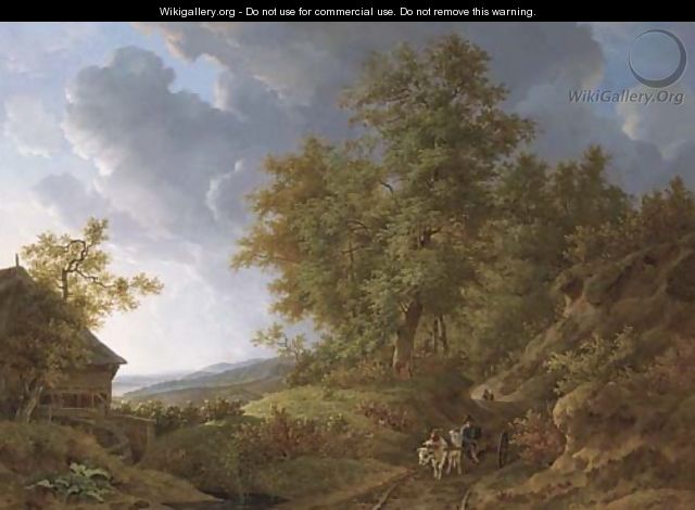 An extensive rolling landscape with travellers on a sandy track by a watermill - Adrianus Van Der Koogh