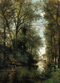 Figures along a wooded canal - Achille-Francois Oudinot