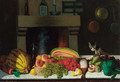 A selection of fruit and vegetables on a marble ledge in a kitchen, a cat alongside - Achille Ernest Mouret