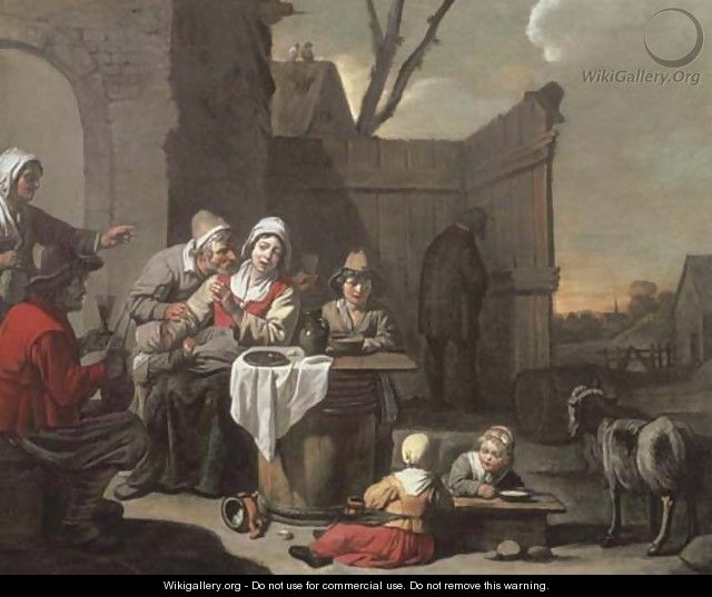 The courtyard of a country inn with peasants eating and drinking - Abraham Willemsens