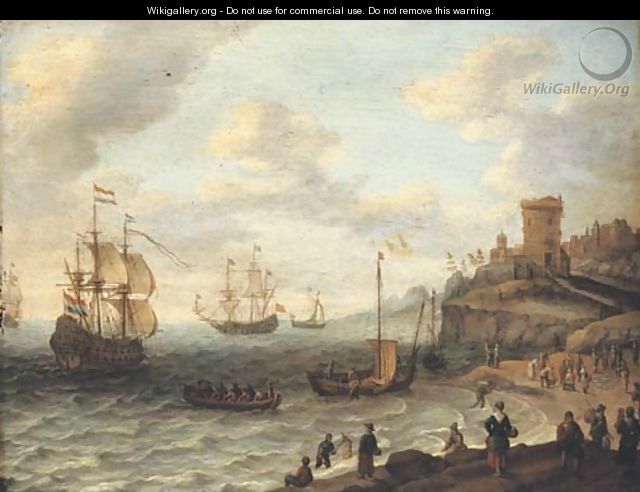 A coastal landscape with shipping and fishermen selling their catch, a fortified settlement on the cliffs beyond - Abraham Willaerts