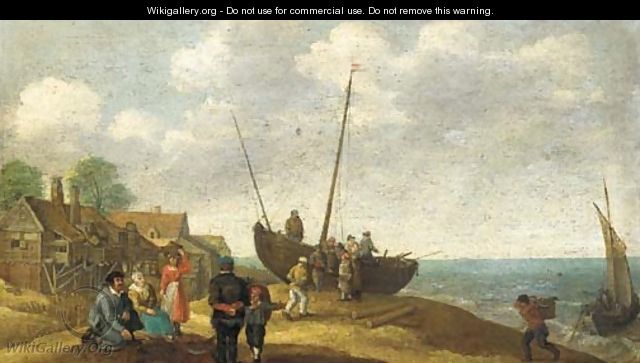 A coastal landscape with fish sellers by a beached boat, a village beyond - Abraham Willaerts