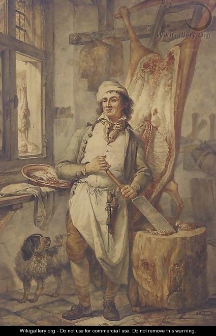 A butcher at his block, a side of beef to the right - Abraham van, I Strij