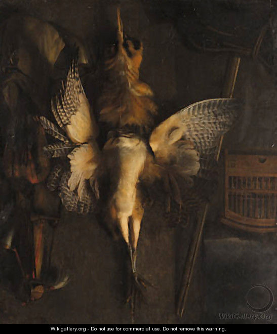 A hunting still life with a dead bittern and implements of the chase - Abraham van Dyck
