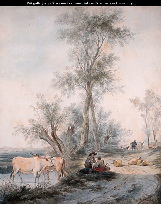 Herdsmen watering their cattle by a wooded road - Lievine Teerlink