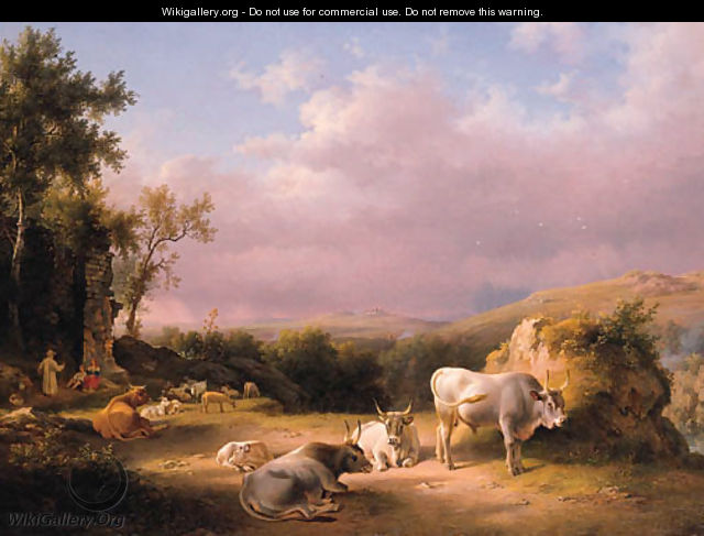 Buffaloes in the Roman Campagna at sunset with cattle, shepherds and tavellers by a ruined wall beyond - Lievine Teerlink