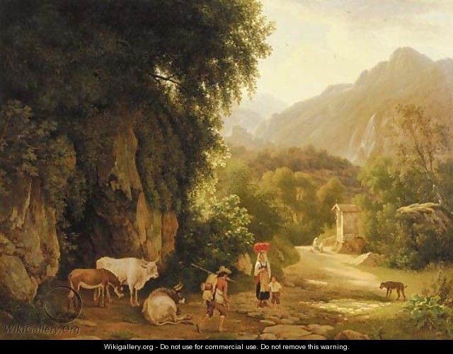 An Italianate landscape with travellers and peasants on a mountain track, others praying in front of a chapel beyond - Lievine Teerlink