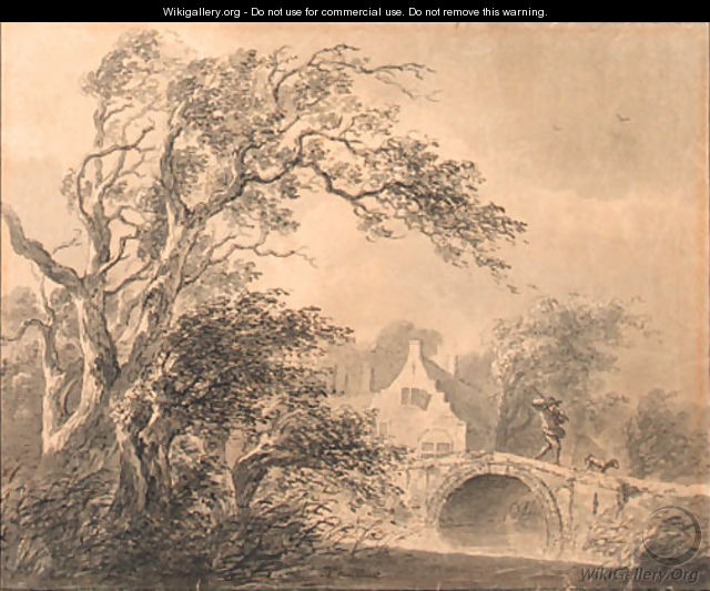 A figure on a bridge by a house, a tree in the foreground - Lievine Teerlink