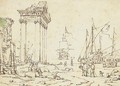 Figures among classical ruins, ships in a port seen beyond - Abraham Storck