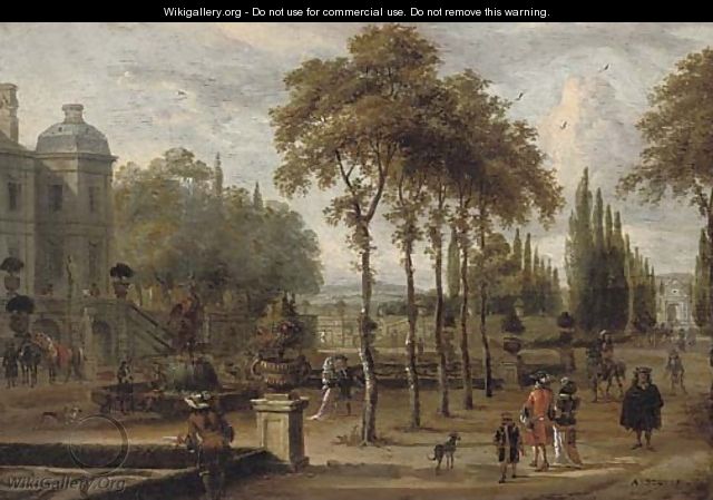Elegant company in a garden by a mansion - Abraham Storck