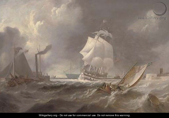 A two-decker emerging from Portsmouth harbour into rough waters - Richard Bridges Beechey