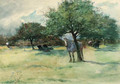 Horses and cattle resting beneath shade in an open landscape - Adhemar Louis Vicomte De Clermont-Gallerande