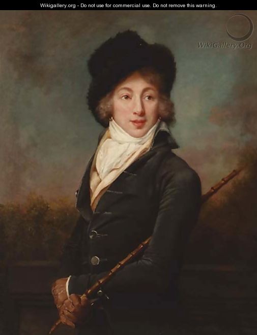 Portrait of Auguste Vestris, three-quarter-length, in a dark grey velvet jacket and a fur hat, a cane in his right hand - Adele Romany