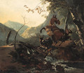 An Italianate landscape with a donkey and a rearing horse crossing a collapsing bridge - Adam Pynacker