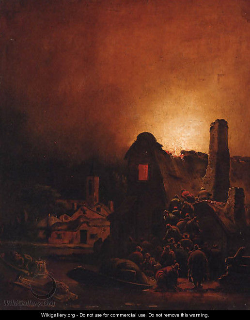 A fire in a village at night - Adam Colonia