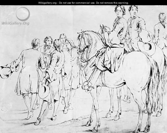 Two mounted Officers, a third behind and a group of five men conferring, some gesturing to the left - Adam Frans van der Meulen