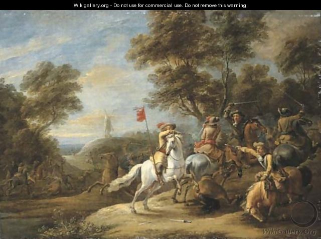 A cavalry skirmish with a windmill on a hill beyond - Adam Frans van der Meulen