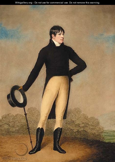 Portrait of a gentleman, standing full length in a landscape, wearing a brown coat and white cravat - Adam Buck
