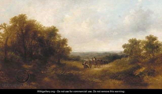 Figures in a horse and cart in an extensive landscape - Adam Barland