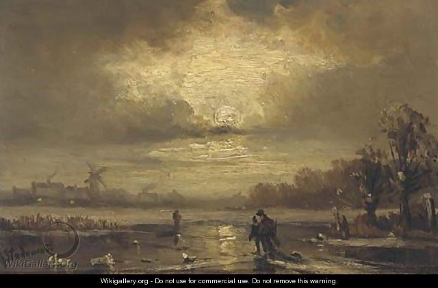 Skaters on a moonlit river - Adolf Stademann