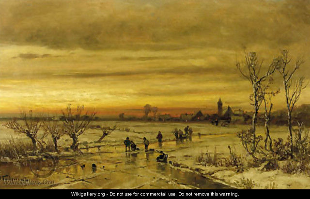 A village in winter at dusk - Adolf Stademann