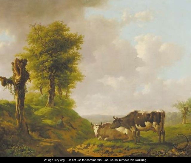 A hilly landscape with a cowherd and his cattle - Adolf Karel Maximilian Engel