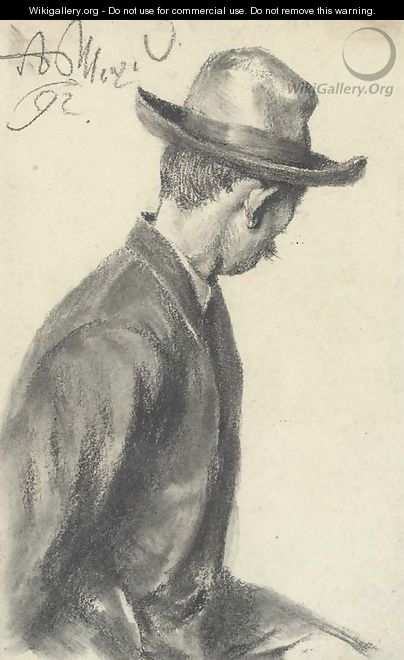 A seated man in a hat, half-length, turning away to the right - Adolph von Menzel
