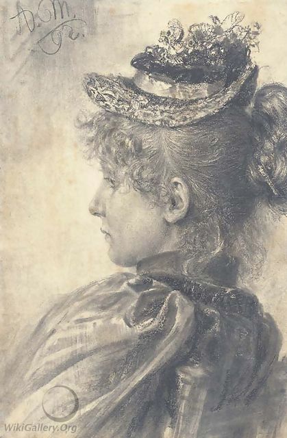 Portrait of a girl in profile to the left, bust-length, wearing a straw hat - Adolph von Menzel