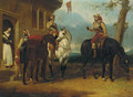 Two mounted cavaliers and another drinking ale outside an inn - Abraham Cooper