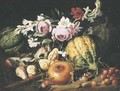 Melons, figs, cherries, a pomegranate and mixed flowers in a clearing - Abraham Brueghel