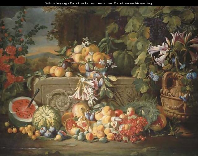A watermelon, cherries, peaches, apricots, plums, pomegranate and figs with lilies, roses, morning glory and other flowers on an acanthus stone relief - Abraham Brueghel